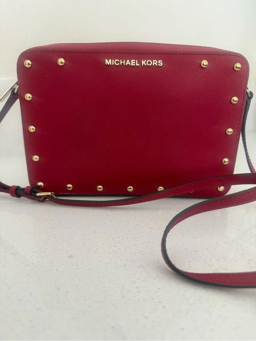 Michael Kors Red Sandrine Safffiano Leather Crossbody with Gold Studs